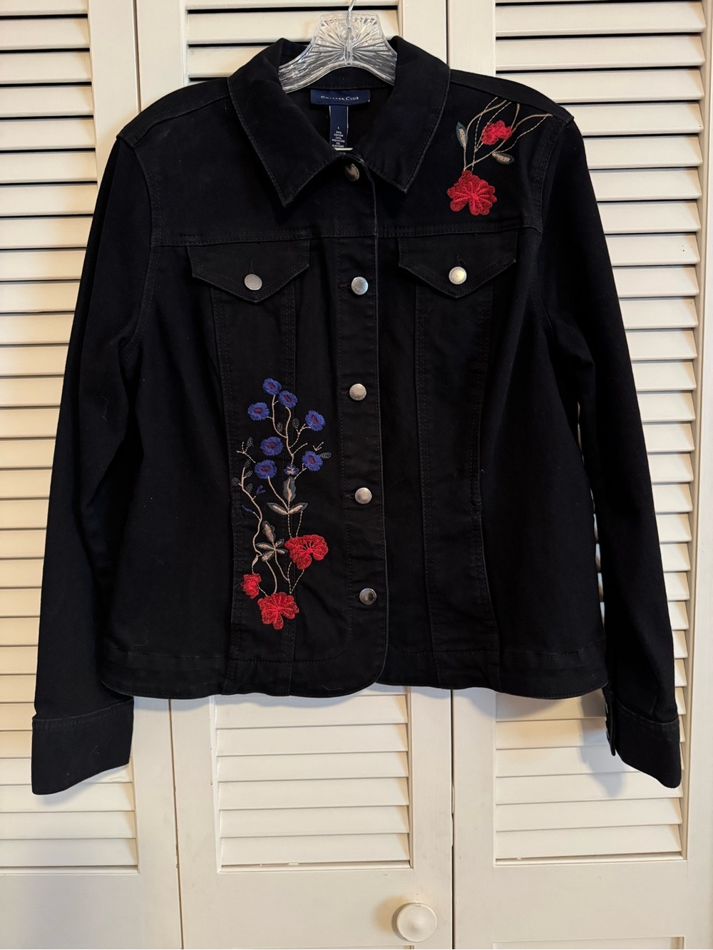 Charter Club Black Denim Jacket with Red & Blue Floral Embroidery Accents